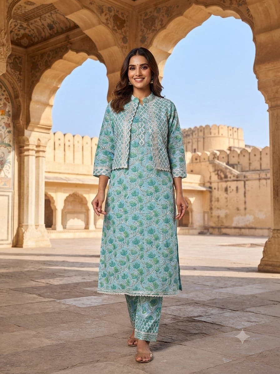 Pure Cotton Pant Kurti Set with Short Jacket