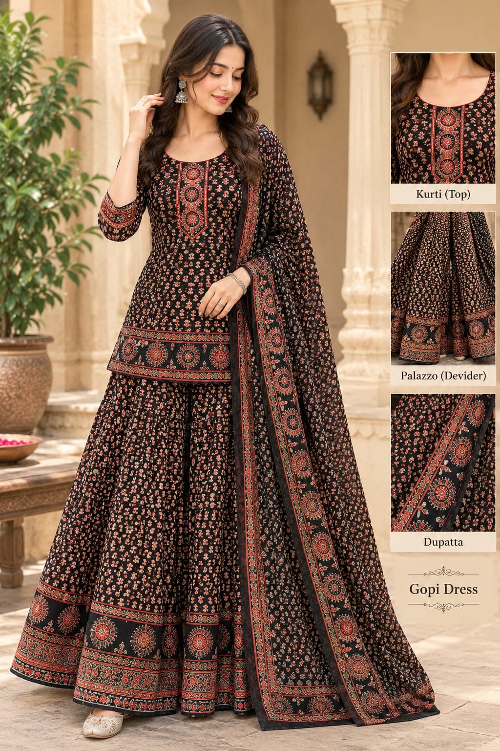 Pure Cotton Three-Piece Gopi Dress with Divider